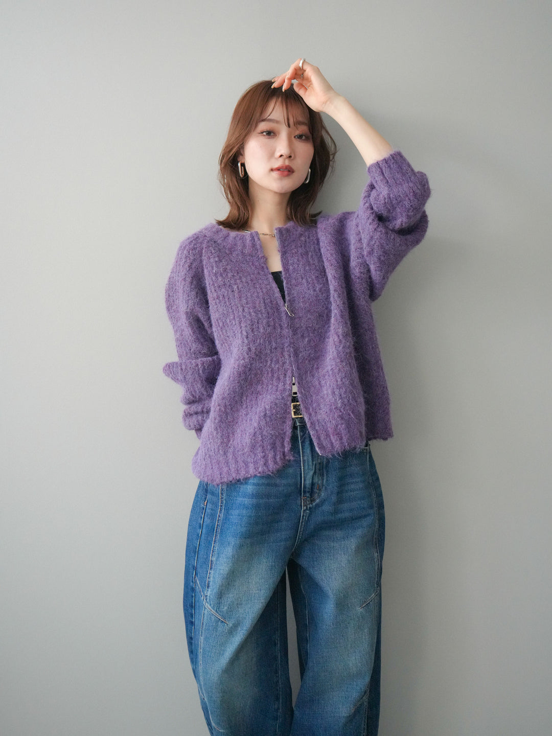 [予約]MIXヤーンモヘアタッチZIPニットカーディガン/purple