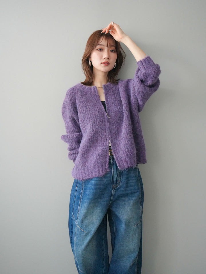 [予約]MIXヤーンモヘアタッチZIPニットカーディガン/purple