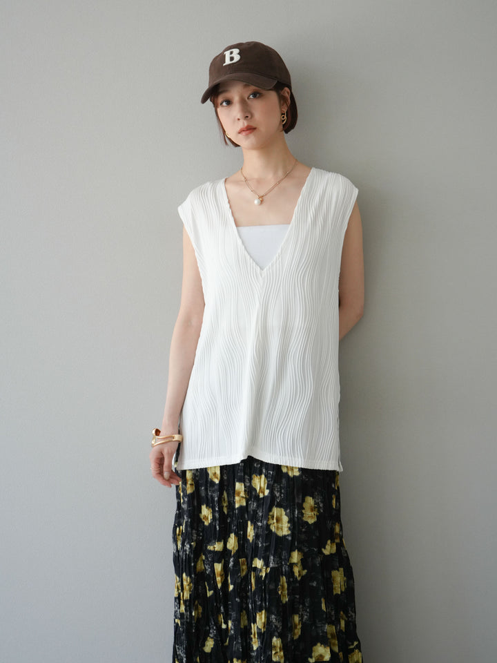 [SET]ウェーブパイピングVネックベスト+フラワーワッシャーロングスカート(2set)