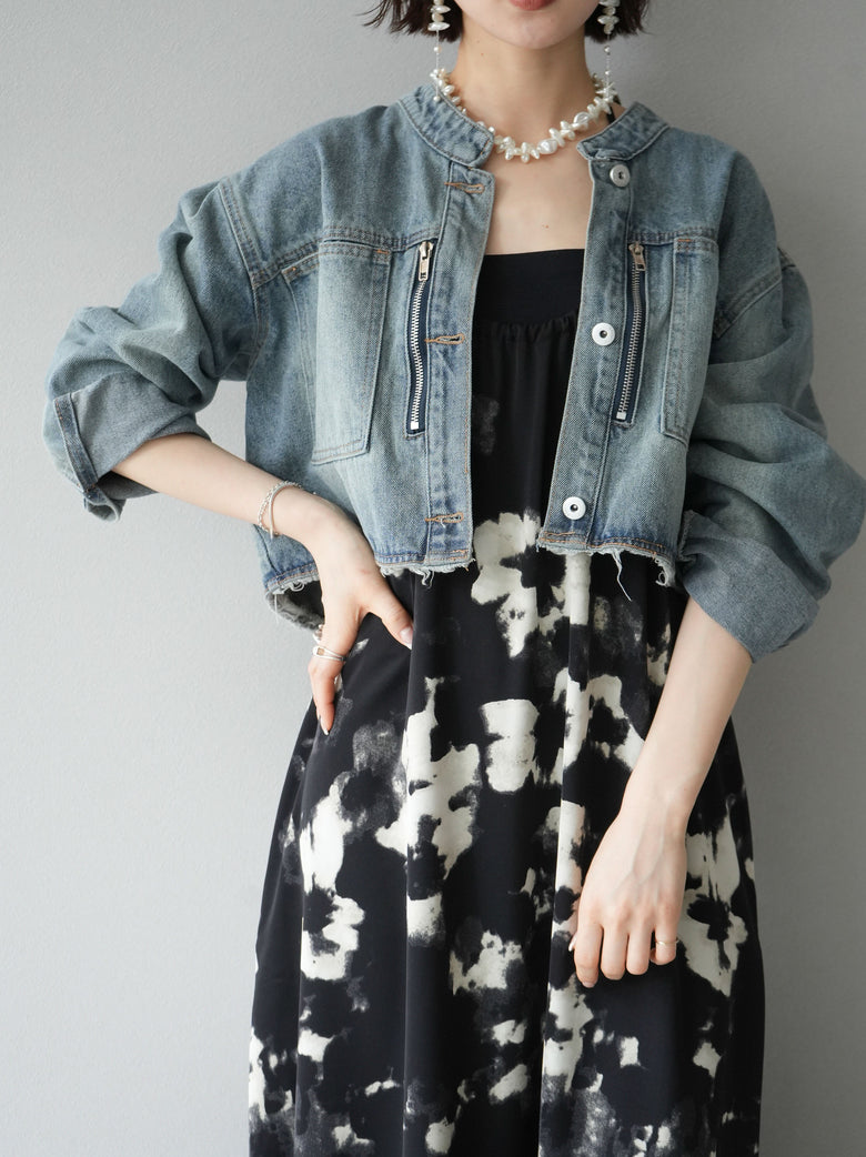 予約]ノーカラージップデザインデニムショートジャケット/ブルー – Lumier 