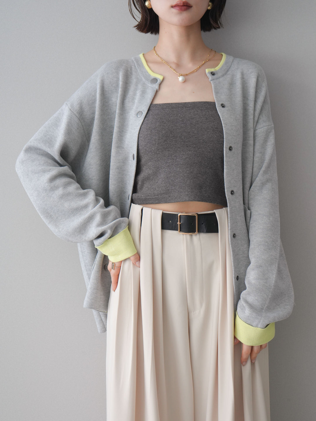 [SET]バイカラーオーバーニットカーディガン+タックベルトループワイドパンツ(2set)