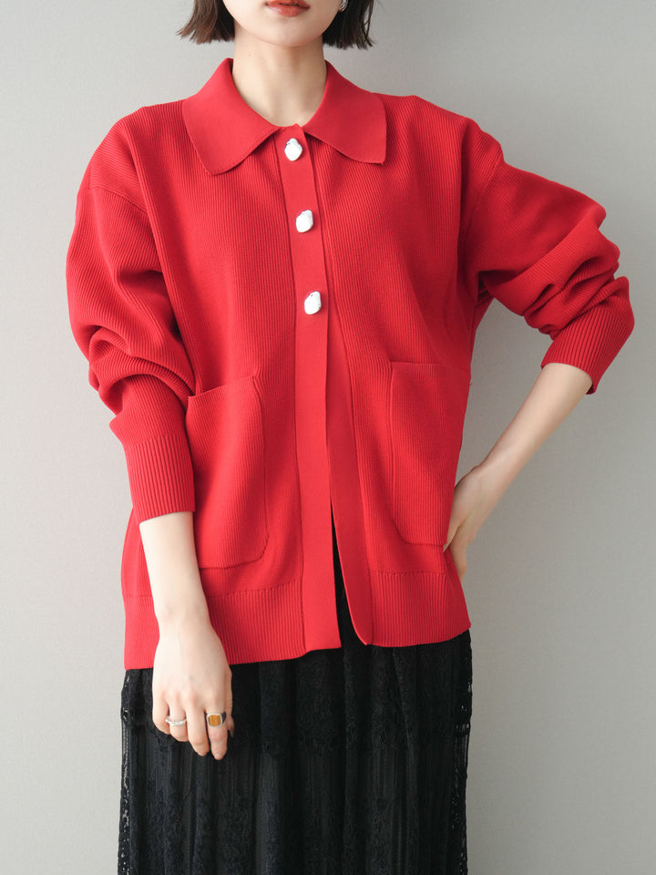 [予約]メタルボタン襟付きポリエステルニットカーディガン/red