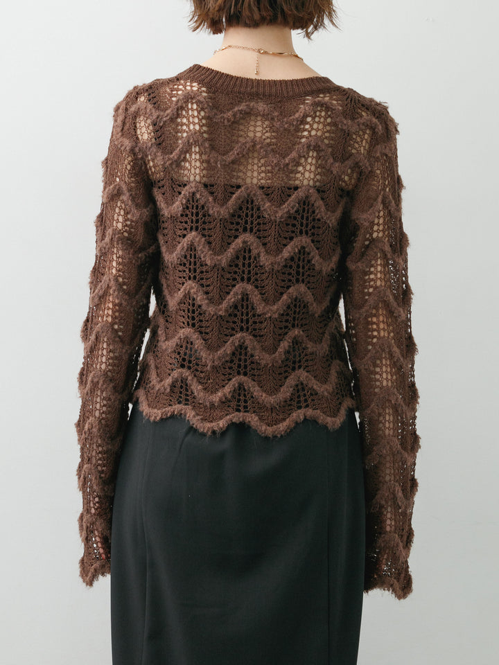 【預購】波浪紋鏤空針織上衣 / 棕色