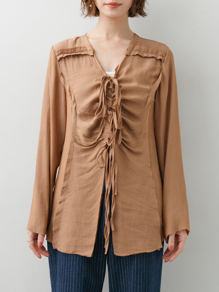 [予約]フロントギャザーリボンブラウス/brown