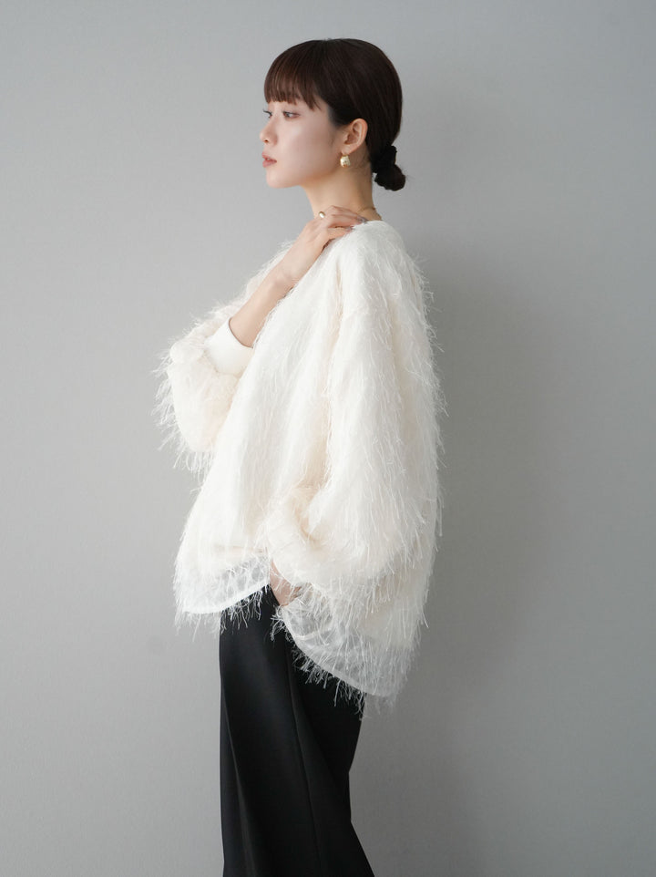 【預購】流蘇薄紗多層抓絨套頭衫/象牙色