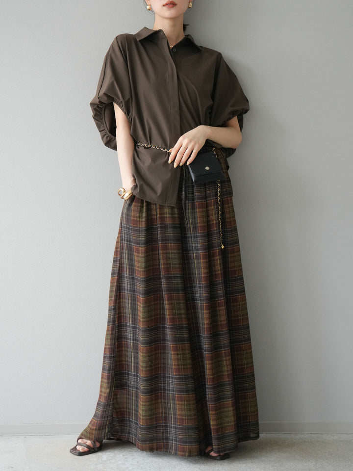 [預購] 透視格紋寬鬆褲/棕色
