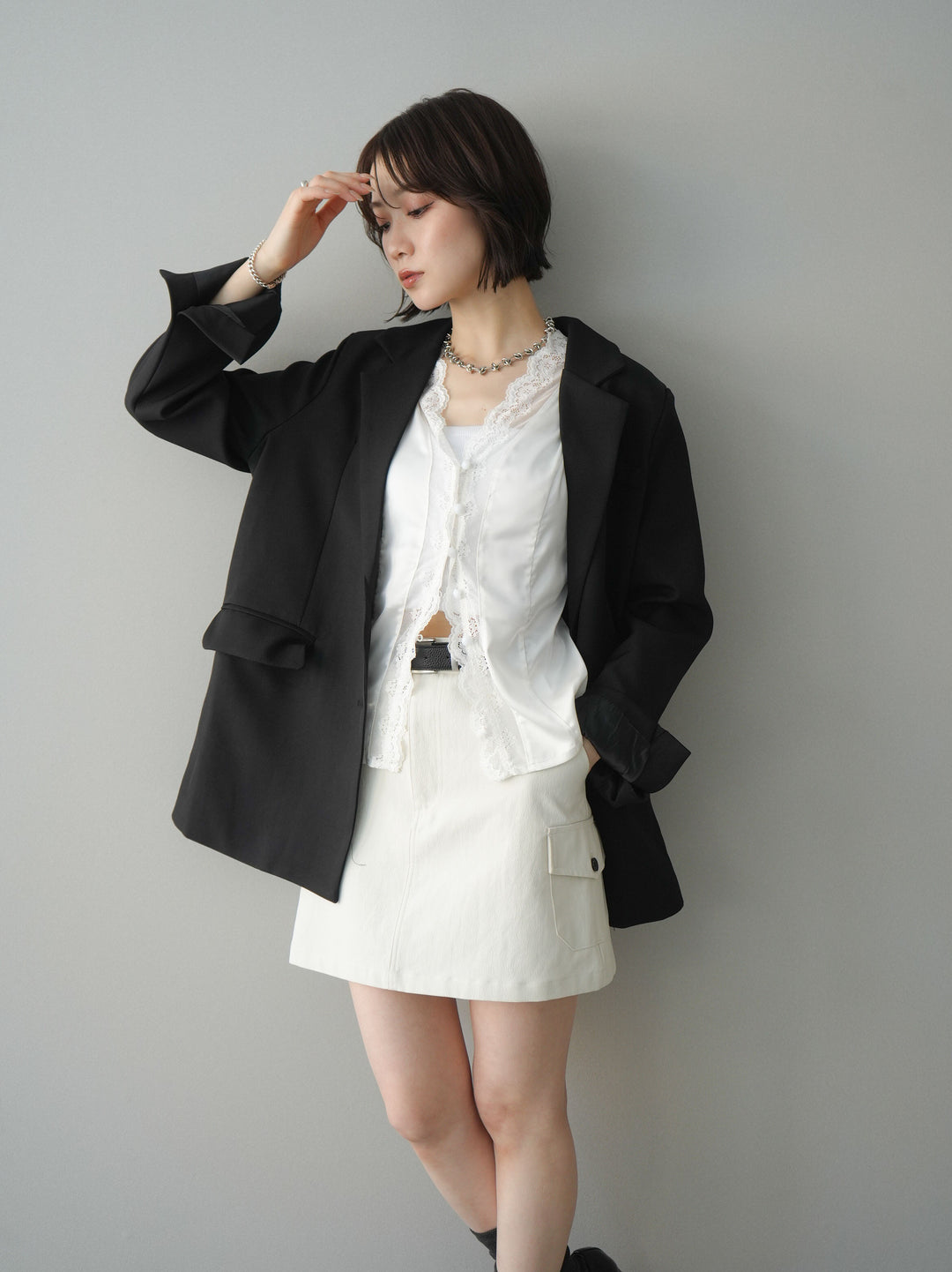 [SET]バックスリットデザインジャケット+ベルト付カーゴミニスカート(2set)