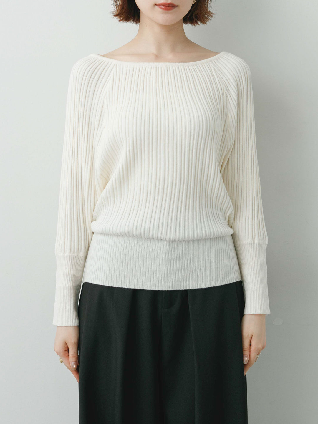 [予約]ワイドネックリブクロップニットトップス/beige