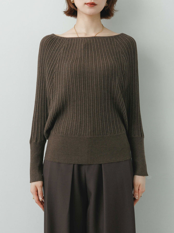 [予約]ワイドネックリブクロップニットトップス/brown