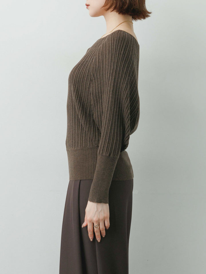 [予約]ワイドネックリブクロップニットトップス/brown