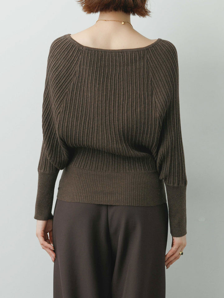 [予約]ワイドネックリブクロップニットトップス/brown