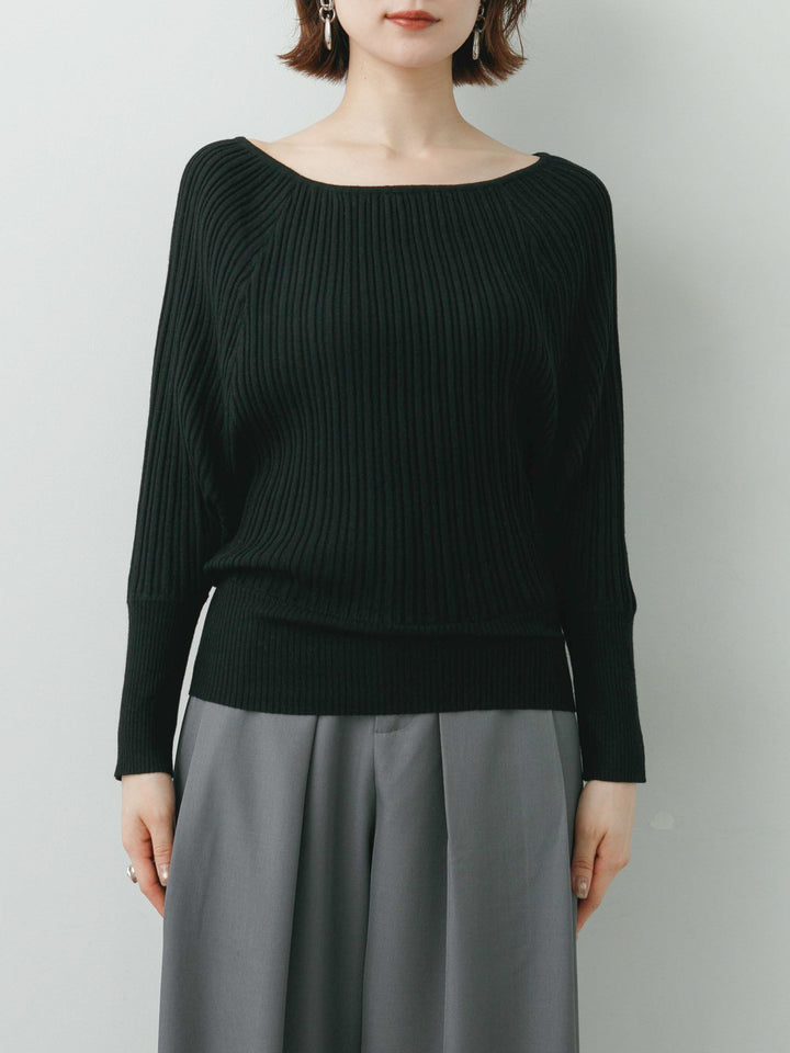 [予約]ワイドネックリブクロップニットトップス/black