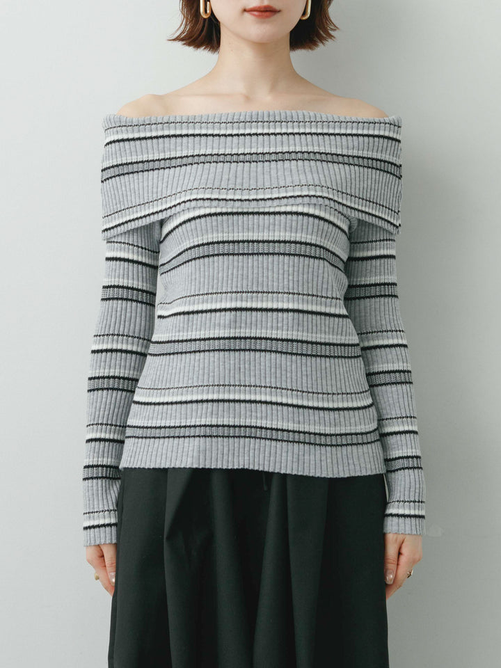 [予約]マルチボーダーオフショルニットトップス/gray