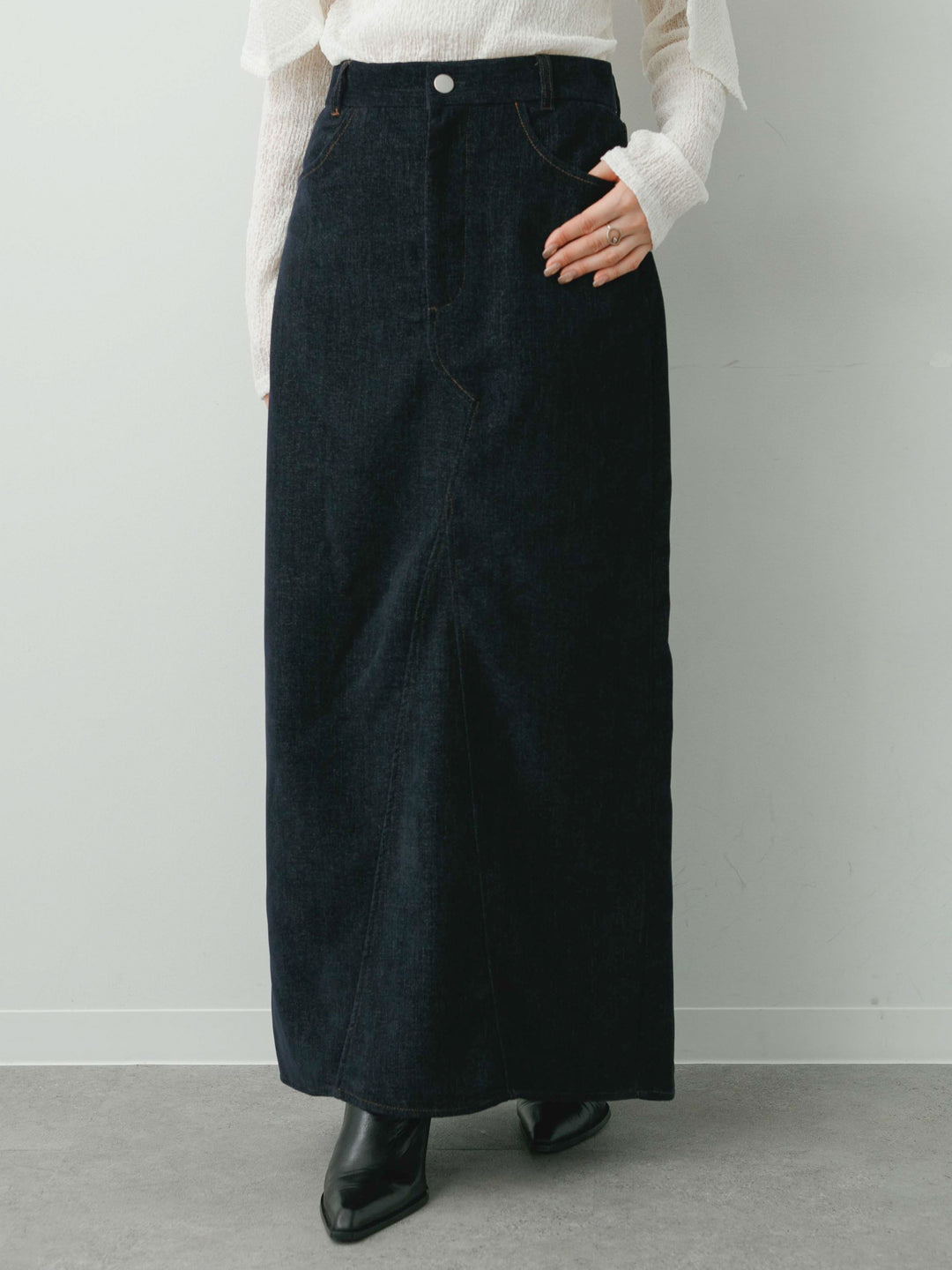 [予約]ベロアデニムIラインスカート/navy