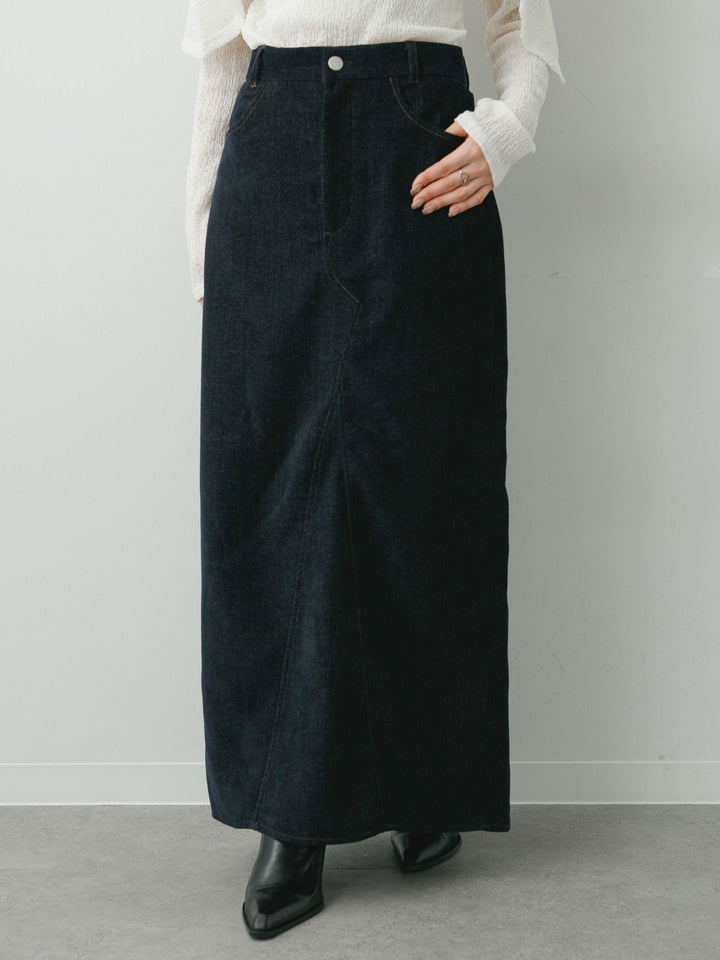 [予約]ベロアデニムIラインスカート/navy