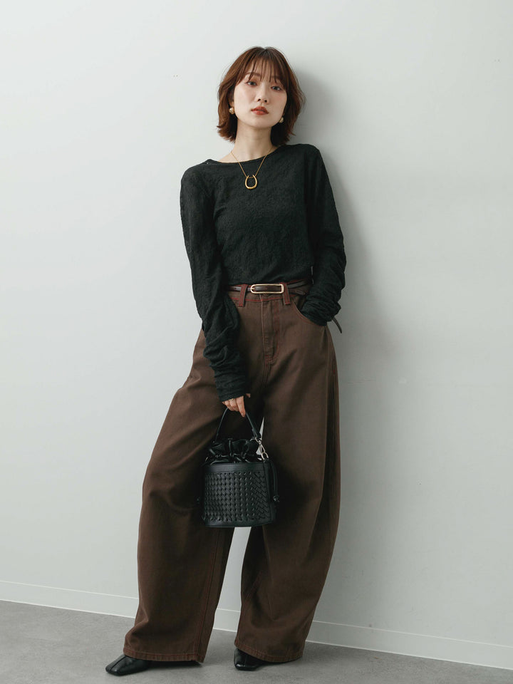 [SET]カットレースバックオープントップス+カラーステッチワイドパンツ(2set)