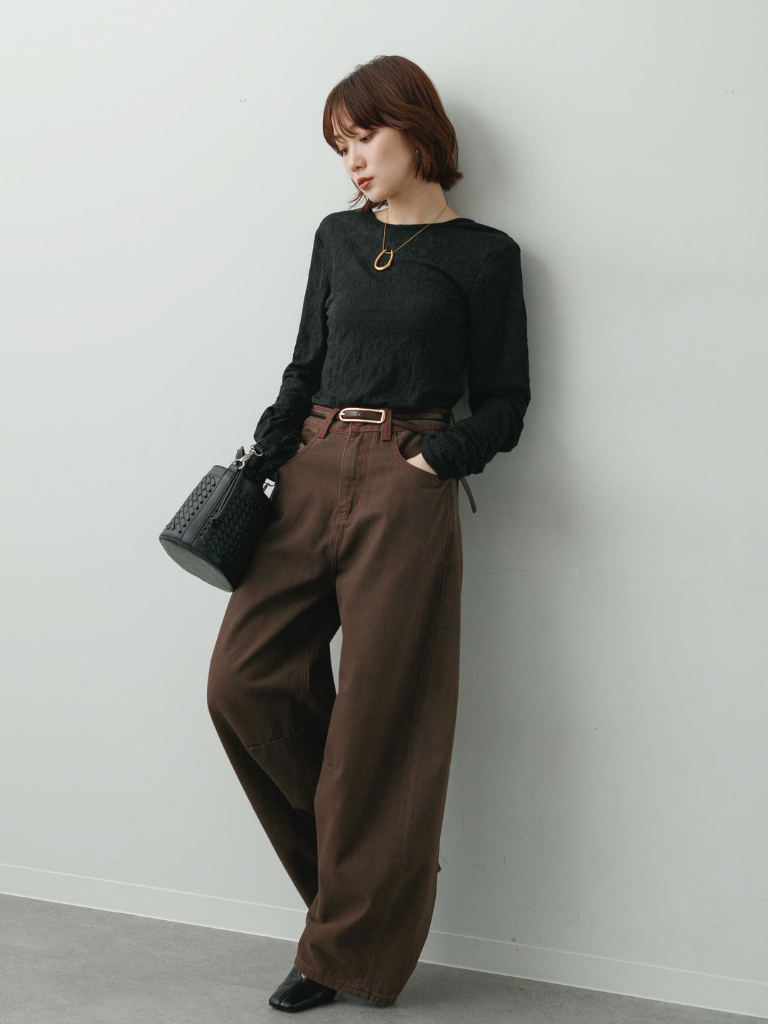[SET]カットレースバックオープントップス+カラーステッチワイドパンツ(2set)