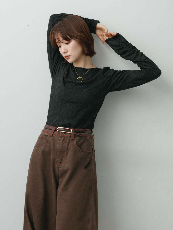 [SET]カットレースバックオープントップス+カラーステッチワイドパンツ(2set)