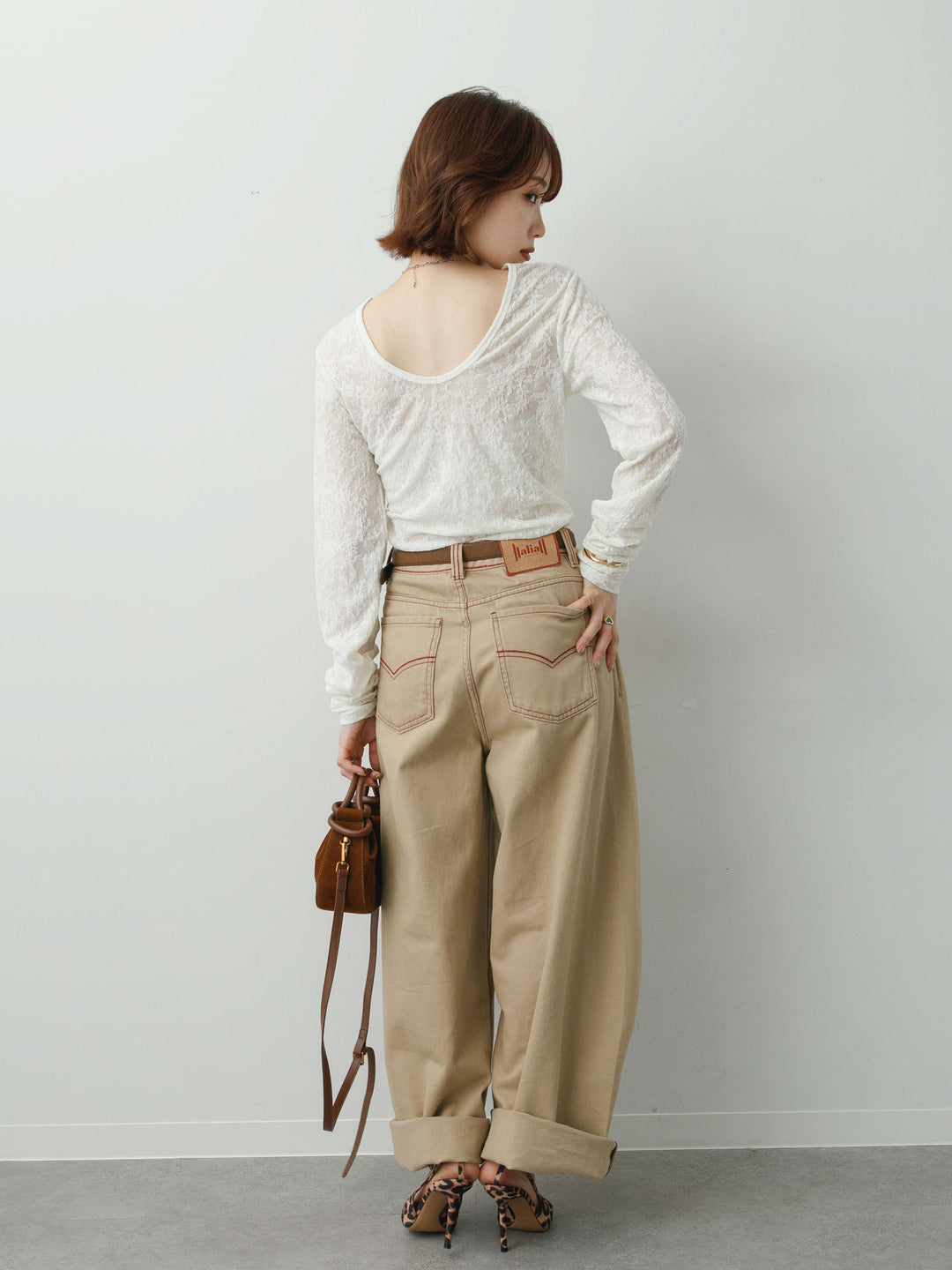 [SET]カットレースバックオープントップス+カラーステッチワイドパンツ(2set)