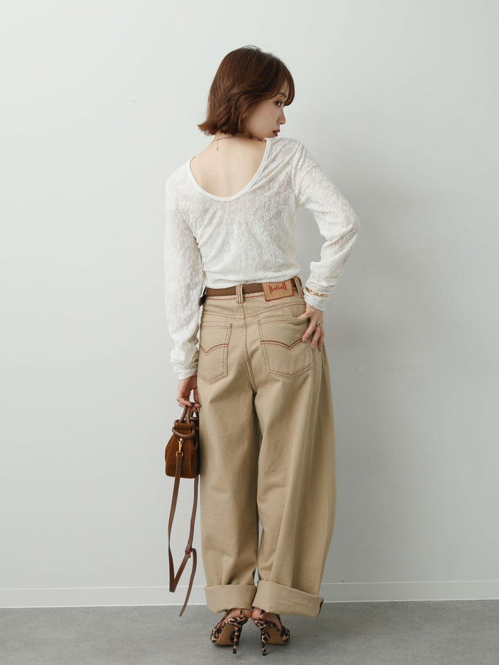 [SET]カットレースバックオープントップス+カラーステッチワイドパンツ(2set)