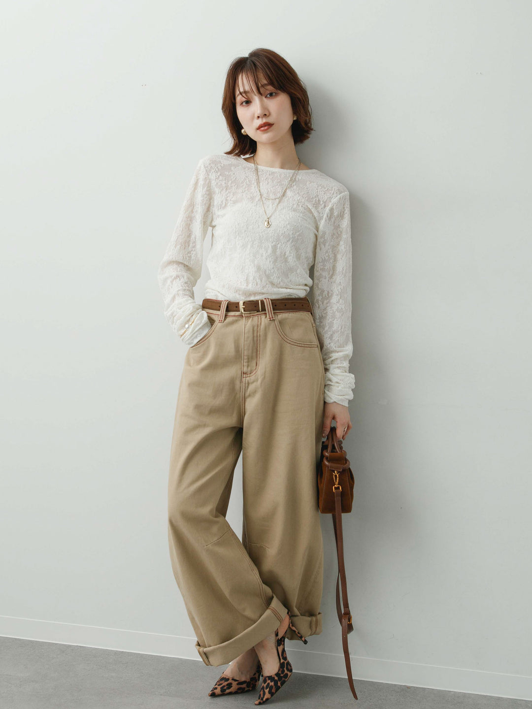 [SET]カットレースバックオープントップス+カラーステッチワイドパンツ(2set)