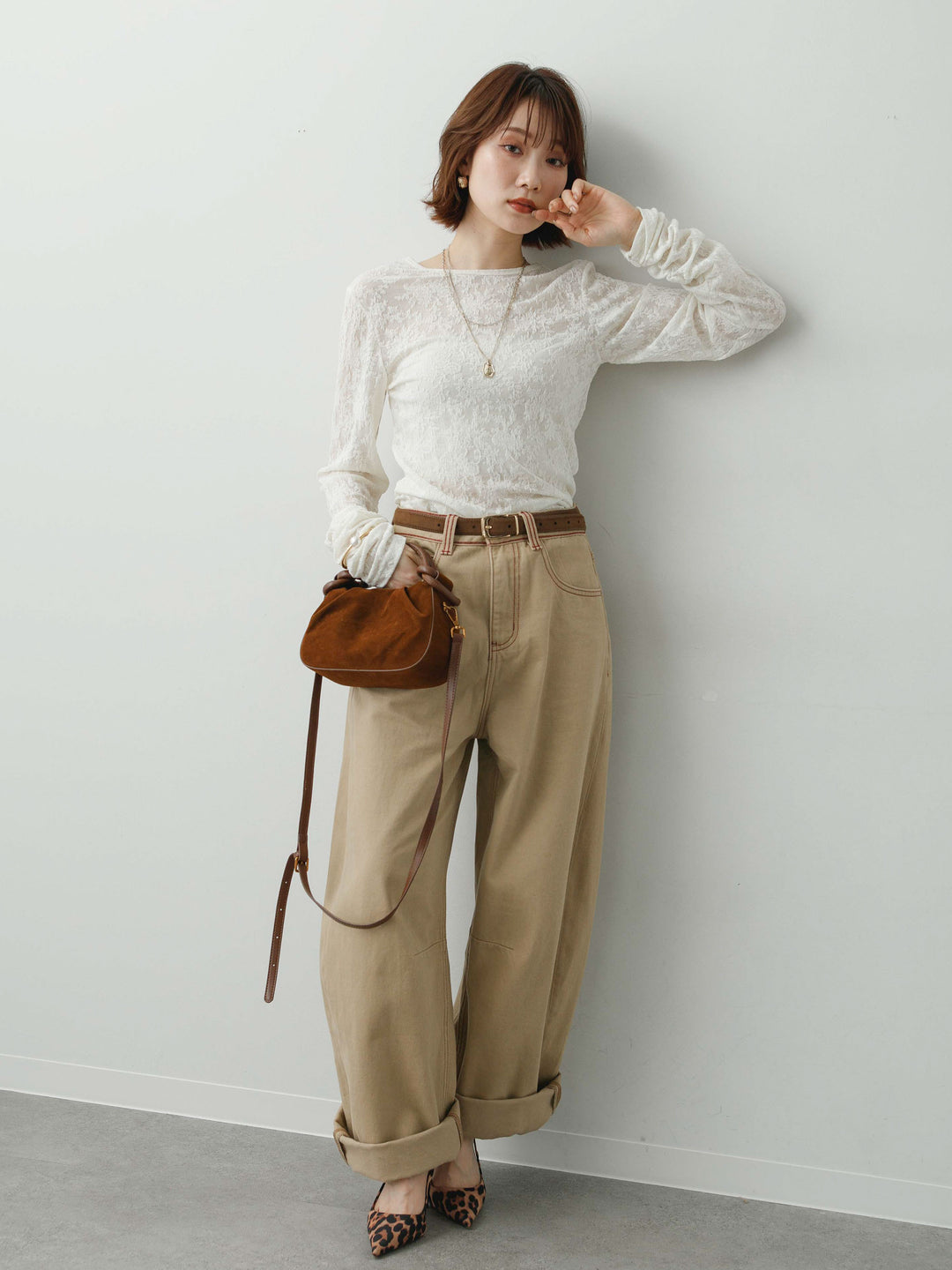 [SET]カットレースバックオープントップス+カラーステッチワイドパンツ(2set)