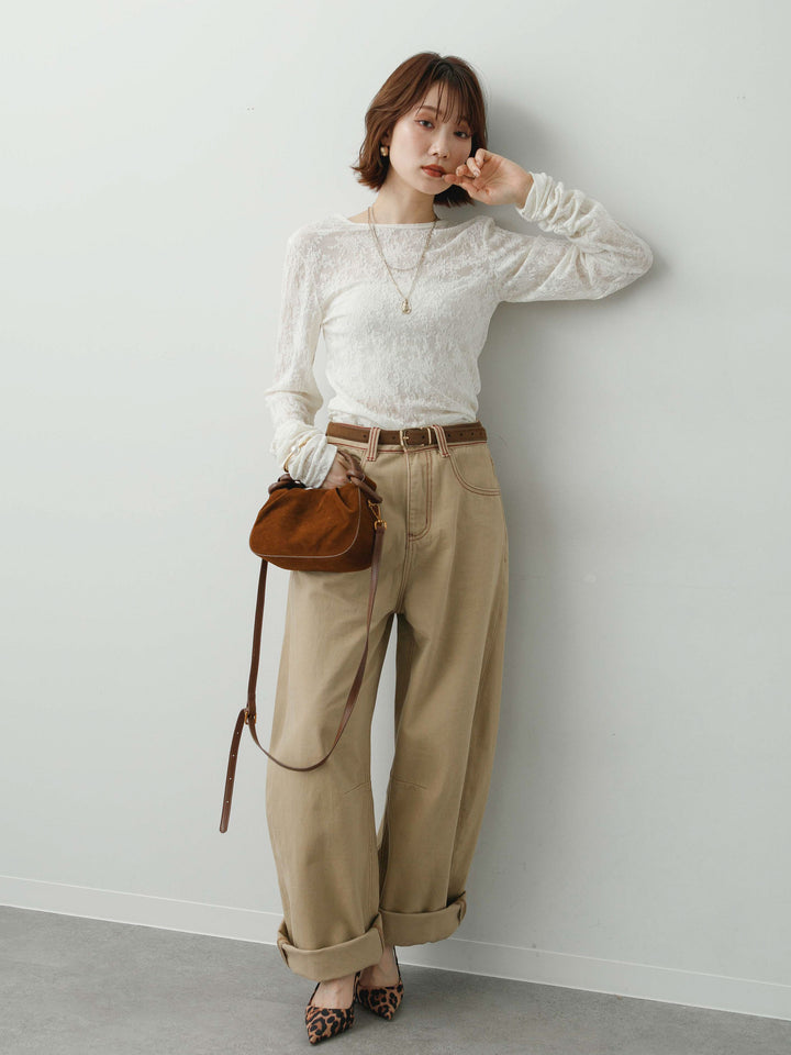 [SET]カットレースバックオープントップス+カラーステッチワイドパンツ(2set)