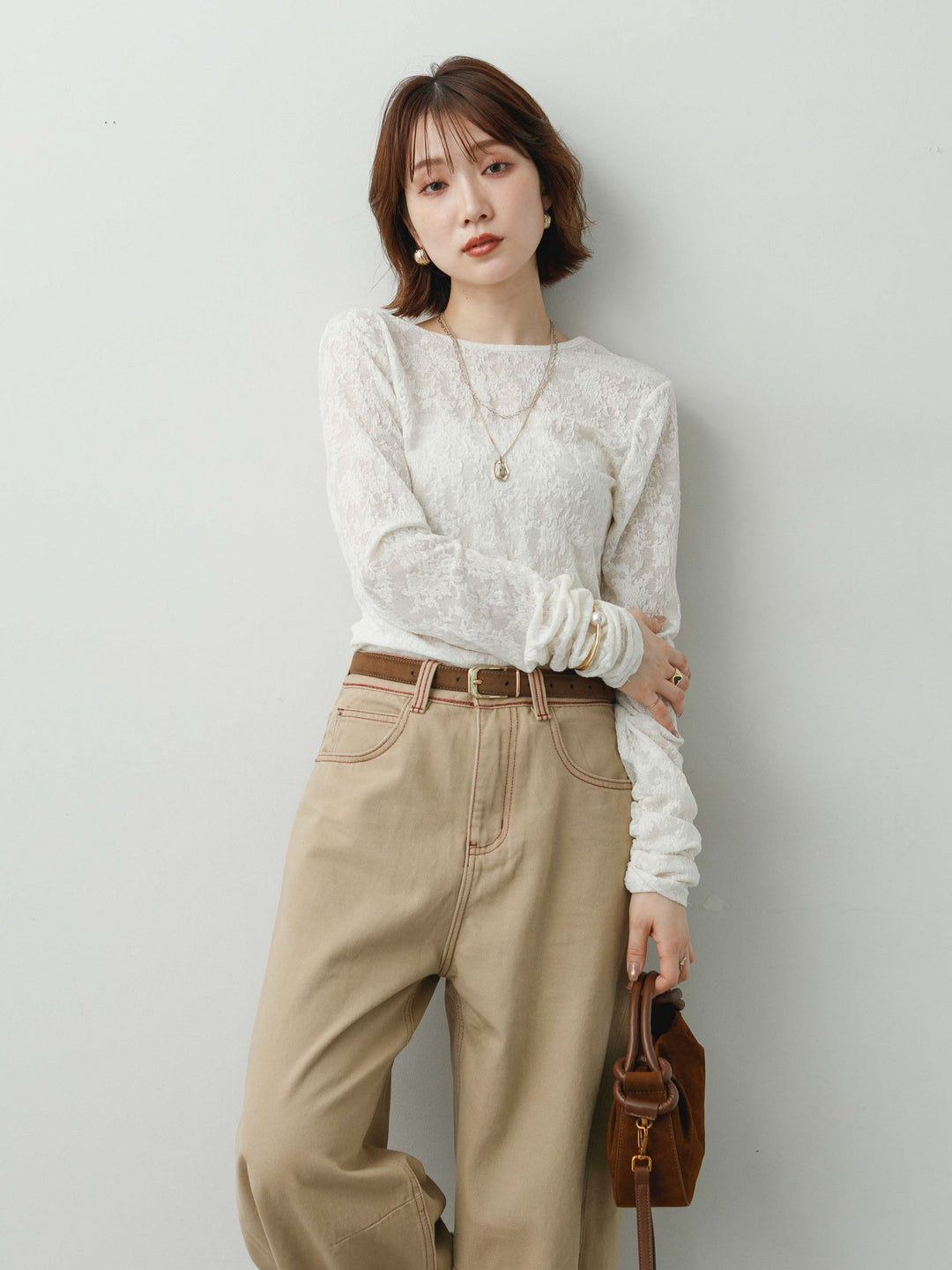 [SET]カットレースバックオープントップス+カラーステッチワイドパンツ(2set)