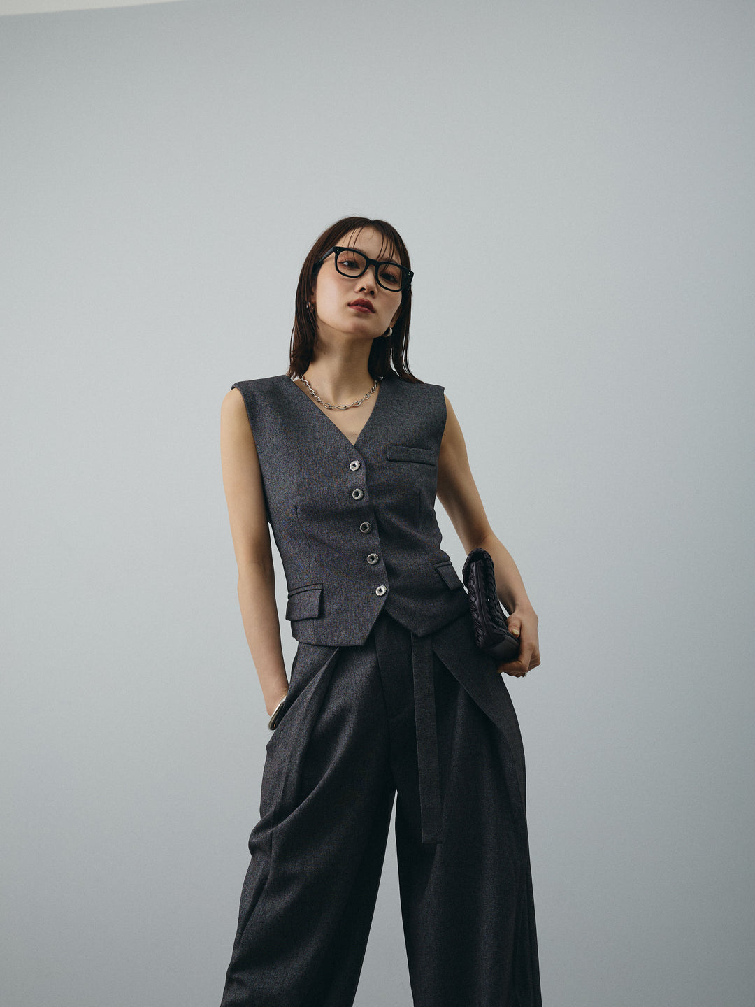 [SET]フラワーモチーフレースアップジレ＆ベルト付ワイドパンツSET UP(2set)