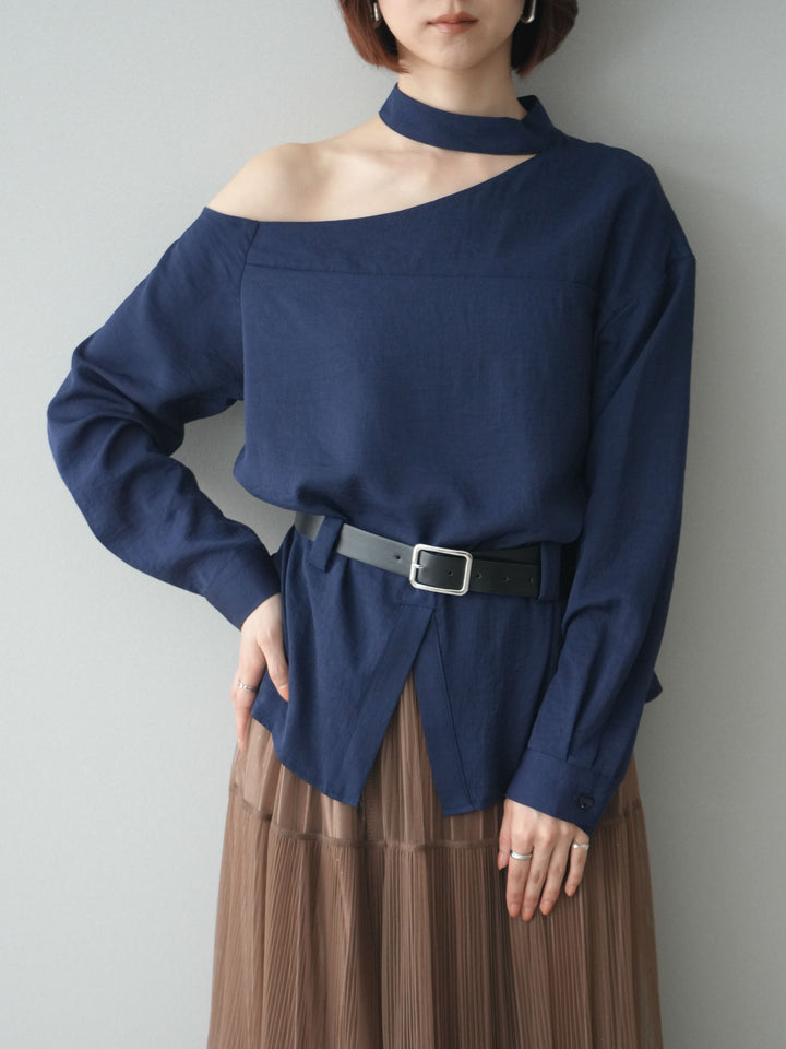 [SET]ベルト付ワンショルダースリットブラウス+ベルト付ワンショルダースリットブラウス(2set)