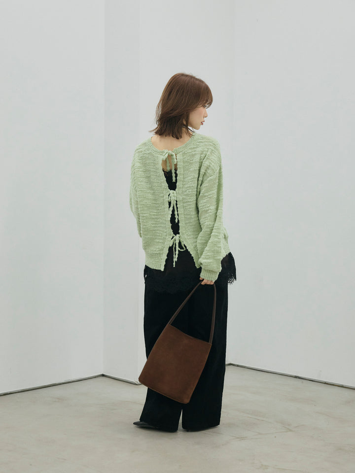 【Allure】[SET]バックリボンニュアンスブークレニットプルオーバー+コーデュロイタックワイドパンツ(2set)