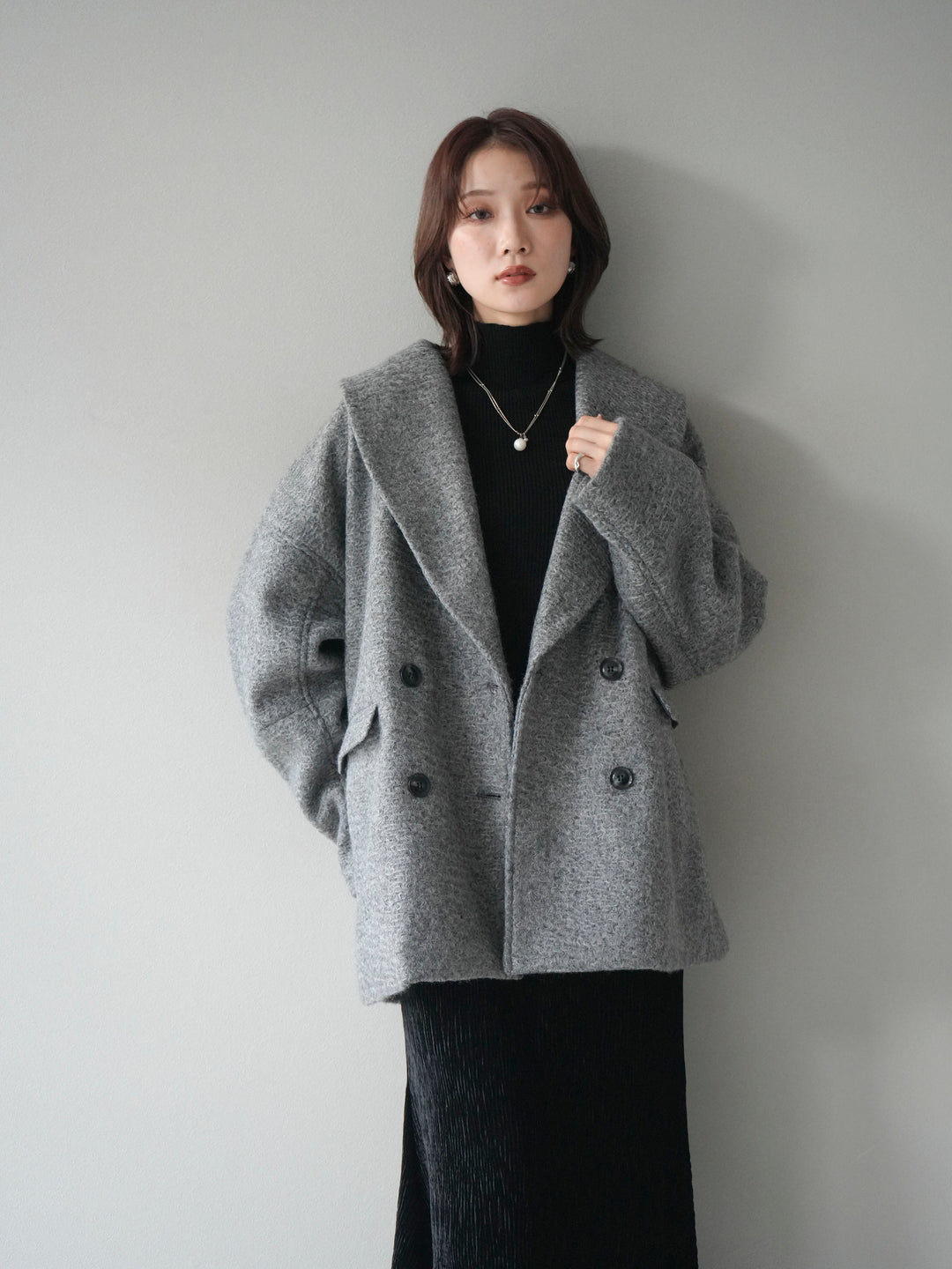 [予約]ロービング襟付きミドルコクーンコート/charcoal