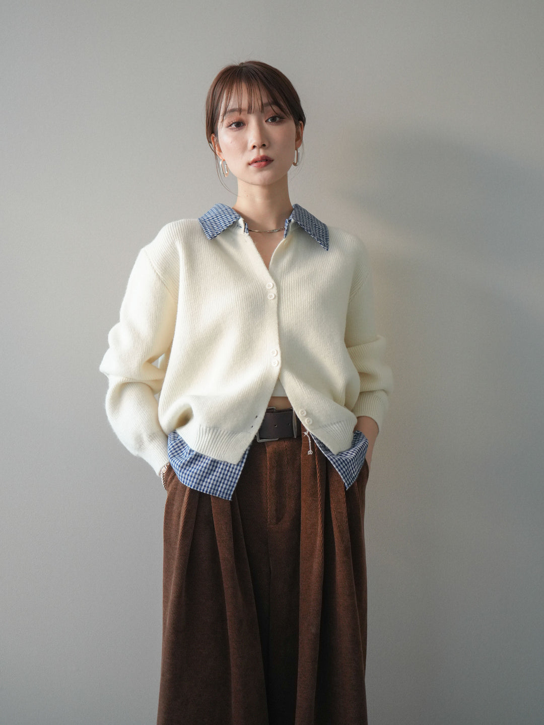 [SET]チェックシャツ襟ニットカーディガン+チェックシャツ襟ニットカーディガン(2set)