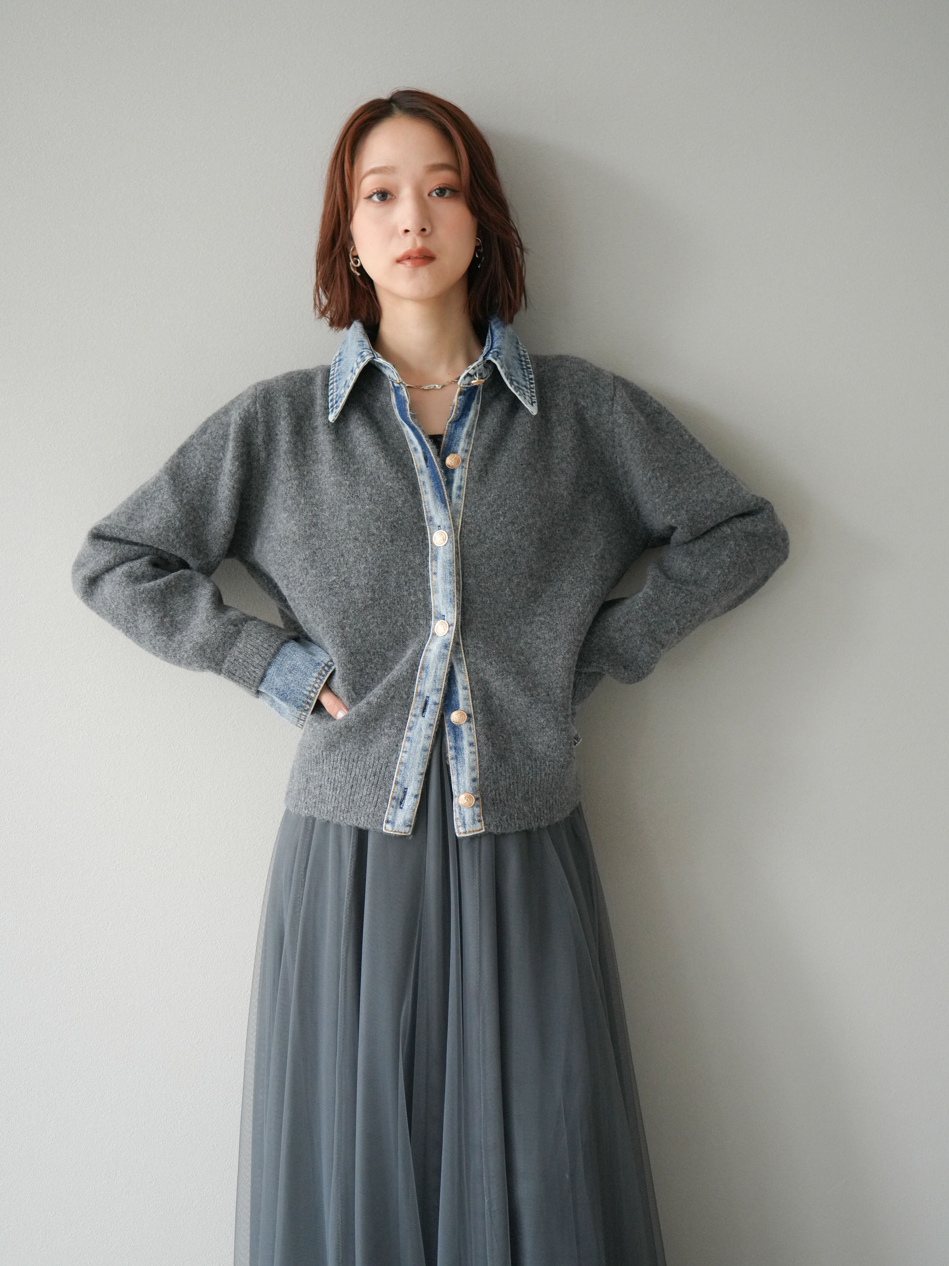 SET]デニム襟ボタンニットカーディガン+チュールボリュームスカート