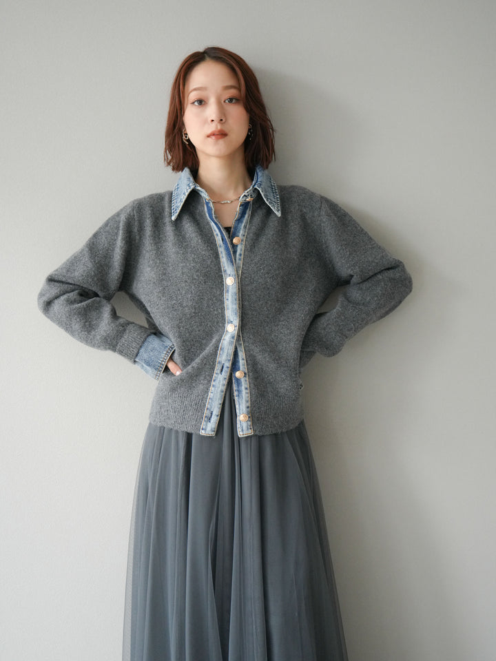 [SET]デニム襟ボタンニットカーディガン+チュールボリュームスカート(2set)