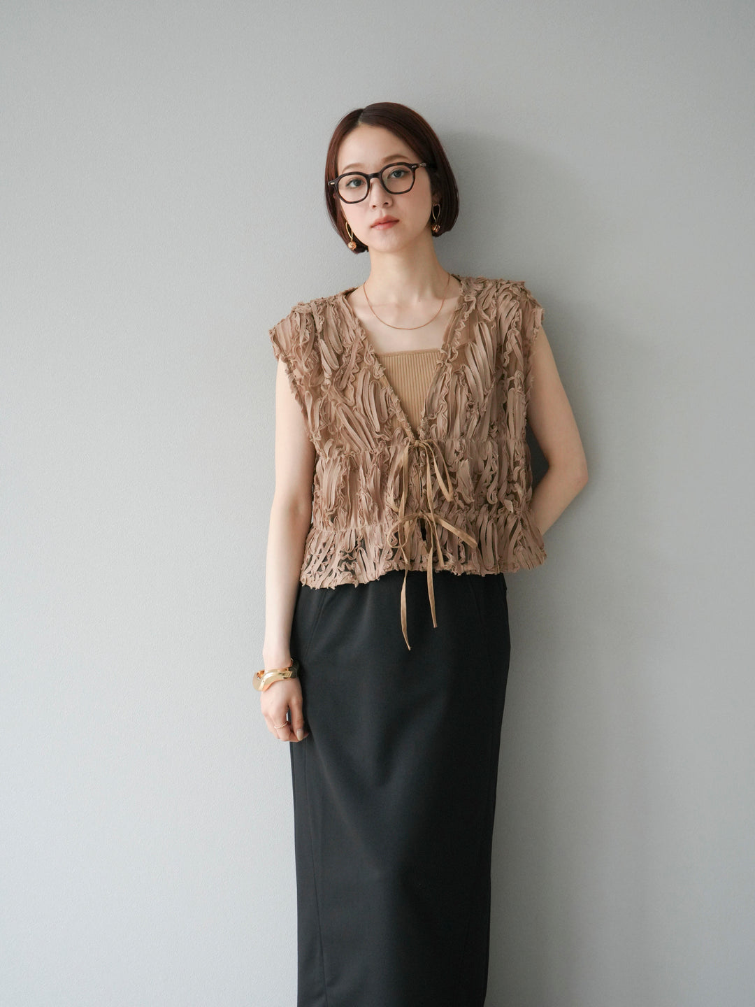 [SET]ジャガードレースリボントップス+スウェットロングスカート(2set)