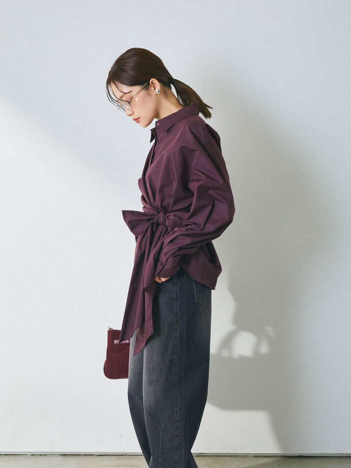 【Allure】[SET]ウエストアシメリボンシャツ+アシメカーブデニムパンツ(2set)