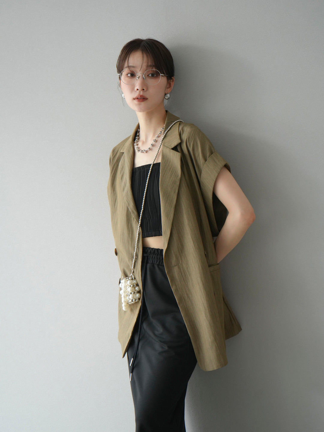 [SET]リネンライクノースリーブダブルジレ+選べるアクセセット(2set)