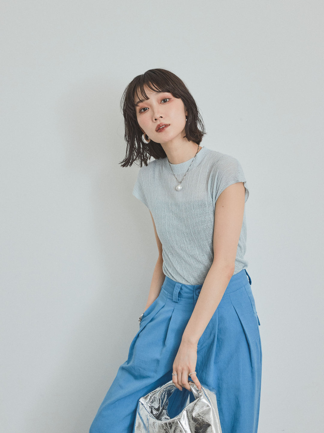 [SET]フレンチスリーブシアーニットトップス+フレンチスリーブシアーニットトップス(2set)