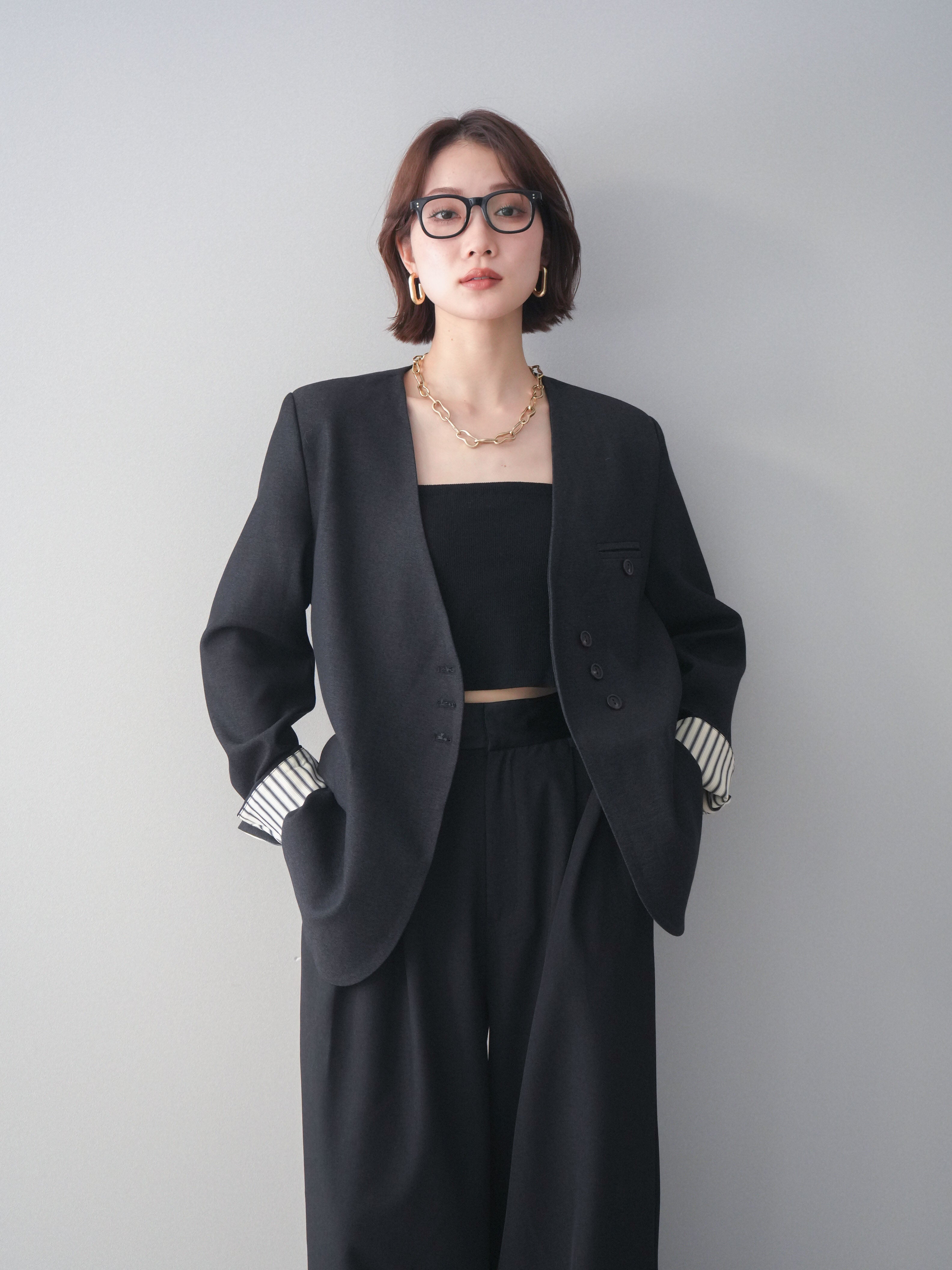 SET]ノーカラージャケット+サテンベルトタックワイドパンツ(2set) – Lumier