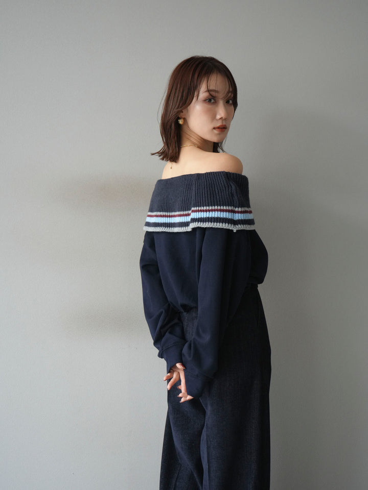[予約]ボーダーニットオフショルダーxスウェットプルオーバー/navy