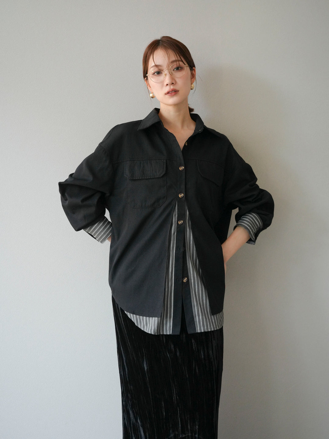 [予約]ストライプレイヤードシャツ/ブラック