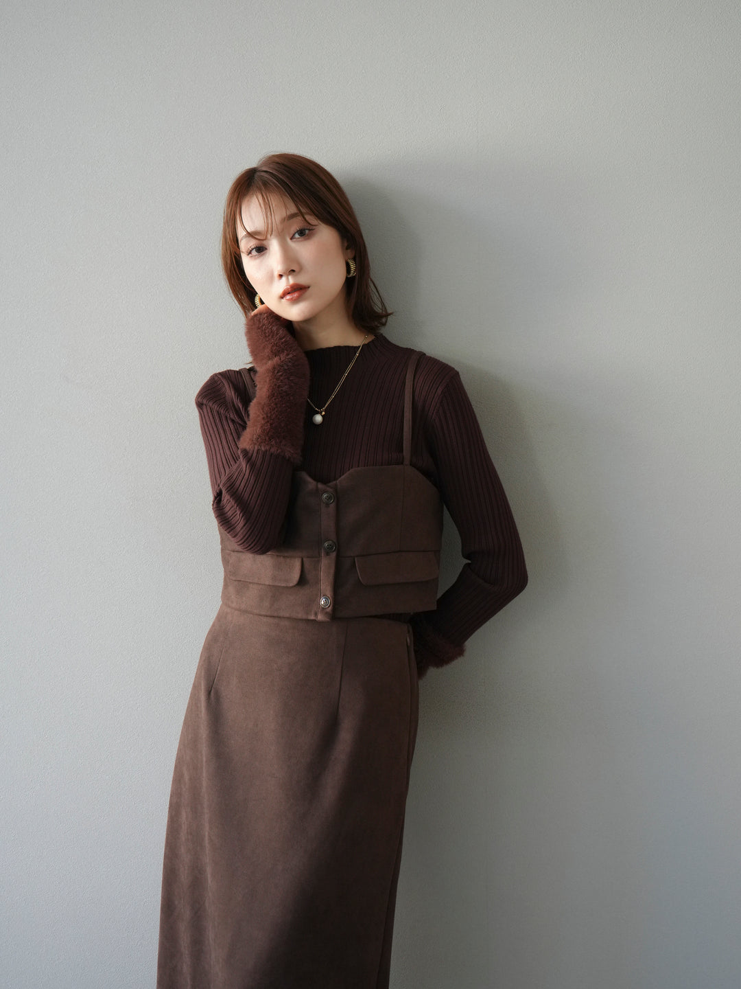 [予約]アームシャギーランダムリブニットトップス/ブラウン