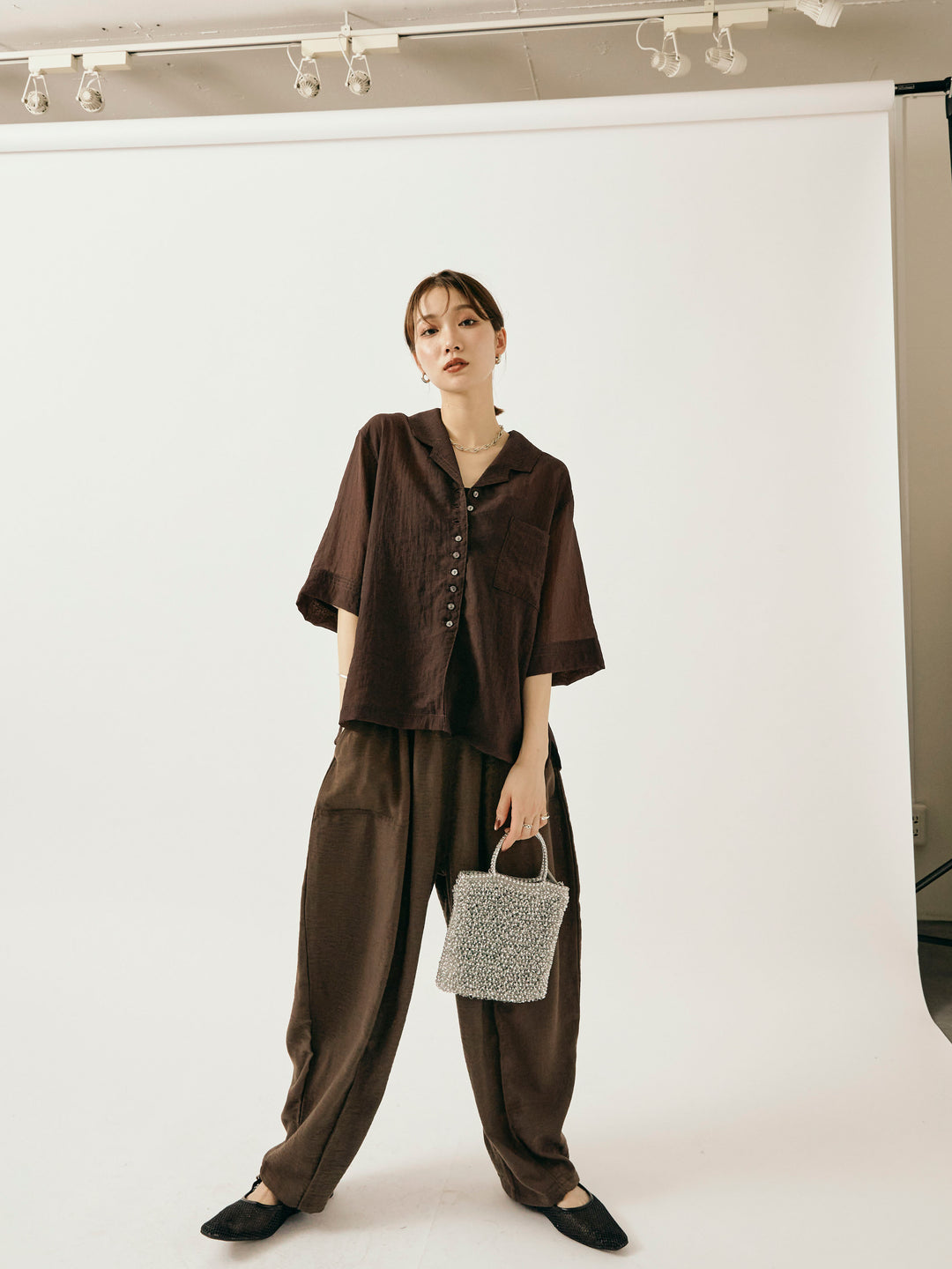 【Allure】[SET]シャイニースラブシアー開襟ハーフシャツ+リネンライクベイカーバルーンパンツ(2set)