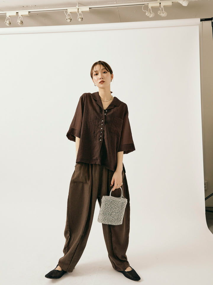 【Allure】[SET]シャイニースラブシアー開襟ハーフシャツ+リネンライクベイカーバルーンパンツ(2set)