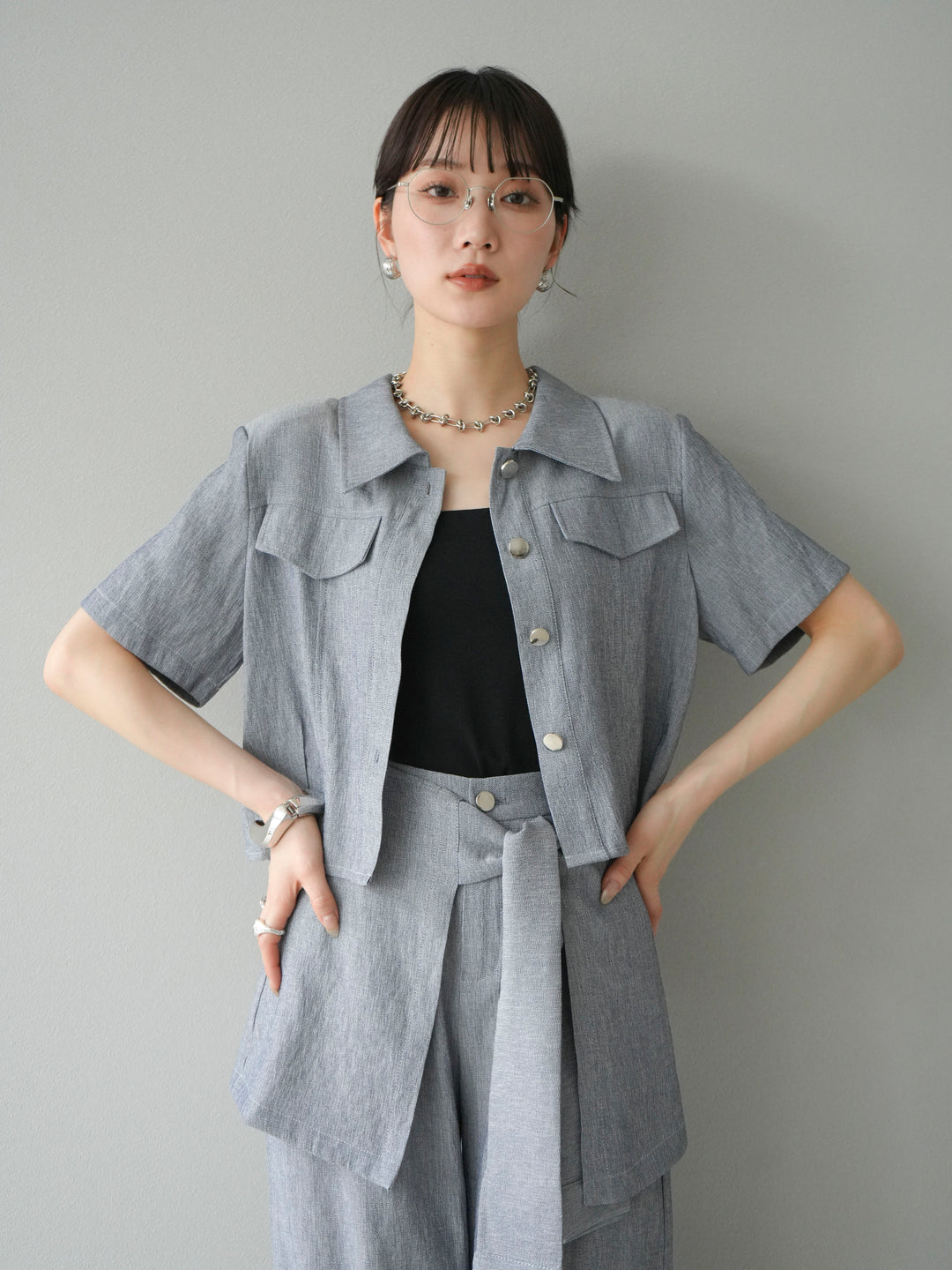 [SET]リネンタッチハーフシャツ＆ラップワイドパンツSET UP(2set)