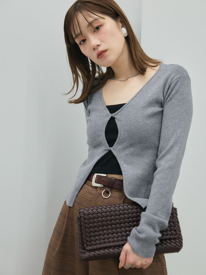 [予約]フロントツイストホールリブニットトップス/gray