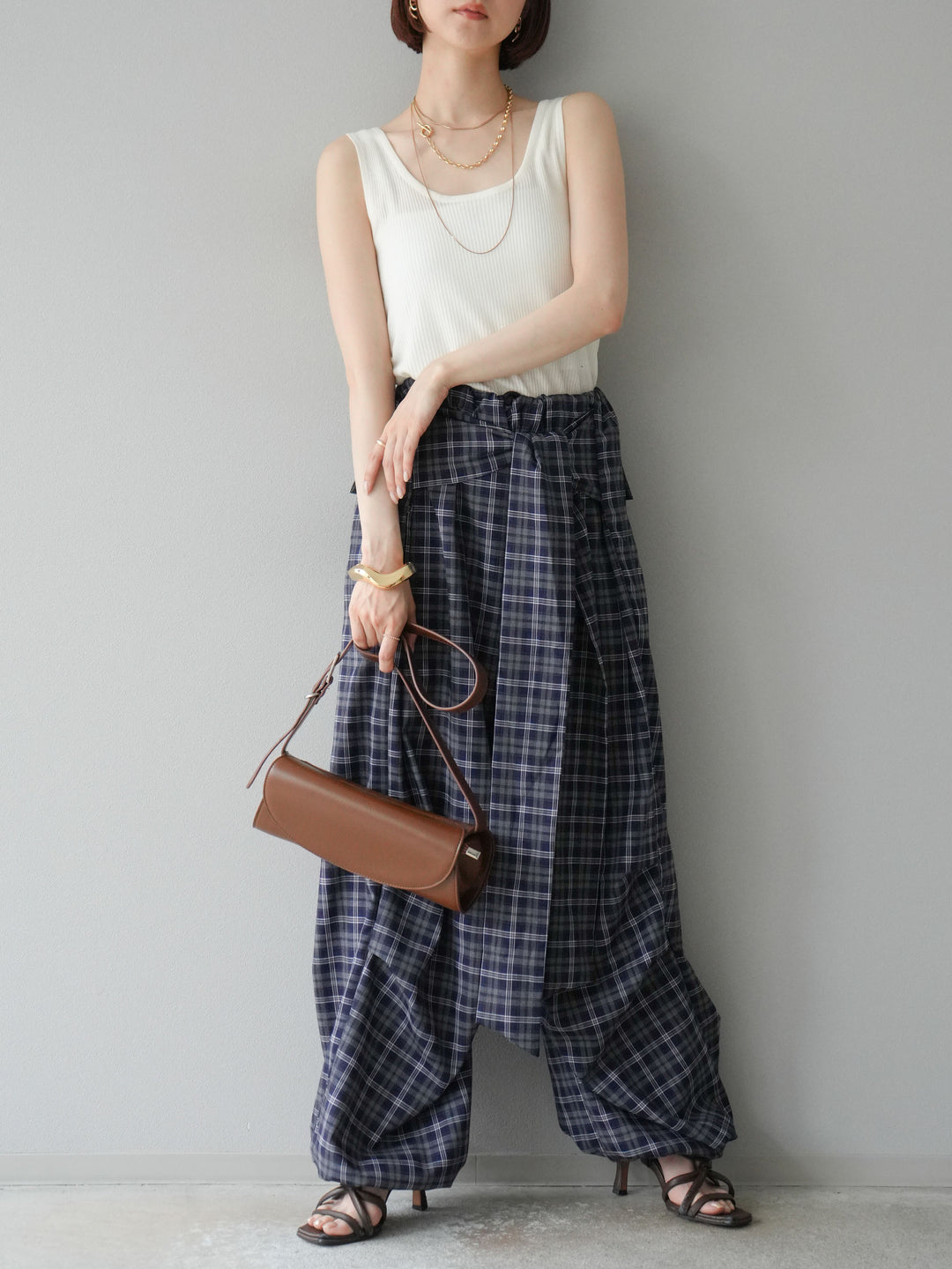 [予約]チェック柄ウエスト巻きドロストパンツ/ネイビー