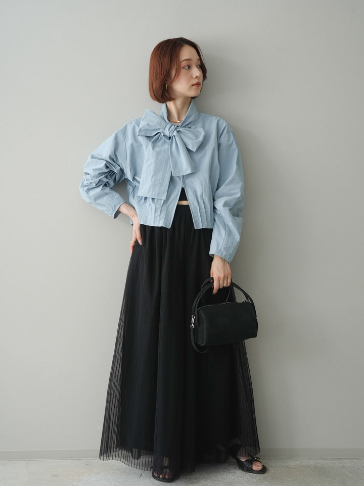 [SET]ボウタイ裾プリーツライトジャケット+ストライプチュールボリュームバギーパンツ(2set)