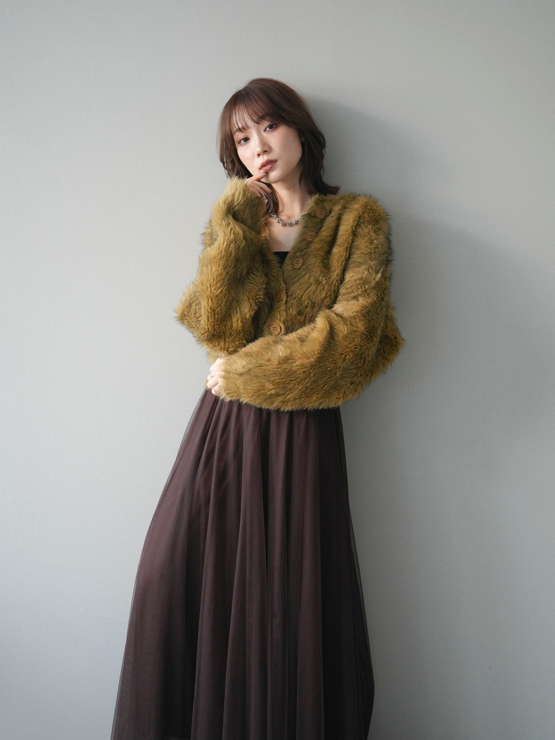 [予約]ミックスシャギーショートニットカーディガン/green